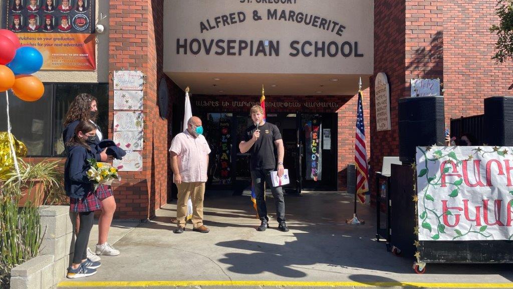 Olympic Gold Medalist Artur Aleksanyan addressing the Hovsepian School students